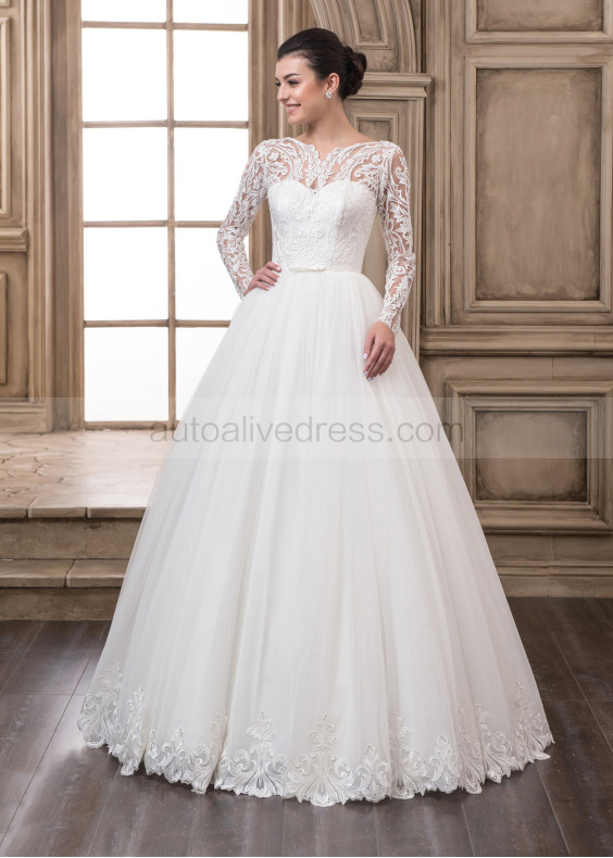 Long Sleeves Ivory Lace Tulle Stylish Wedding Dress